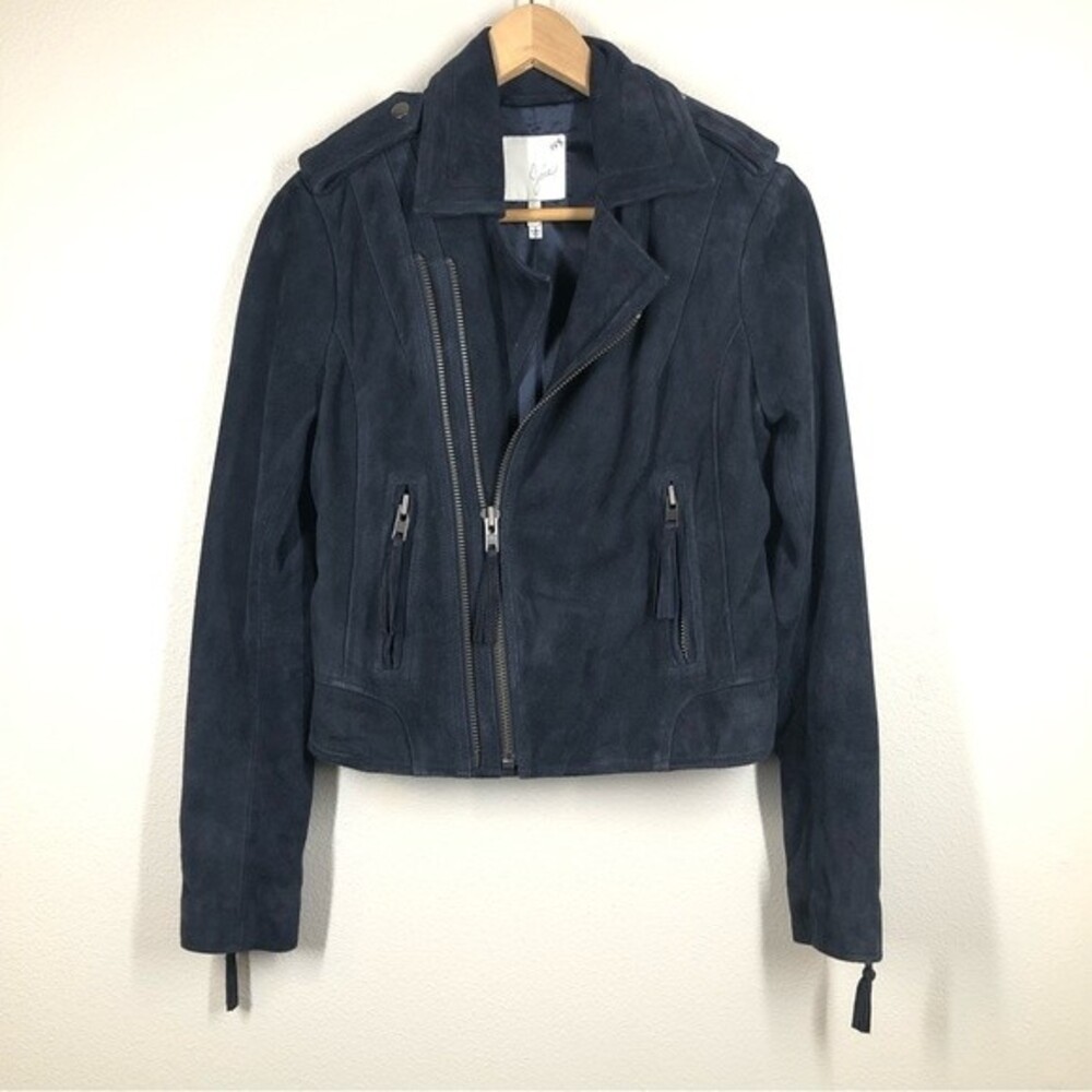 Joie Ailey Suede Moto Fitted Jacket Dark Navy Goat Leather Asymmetric Zip XS